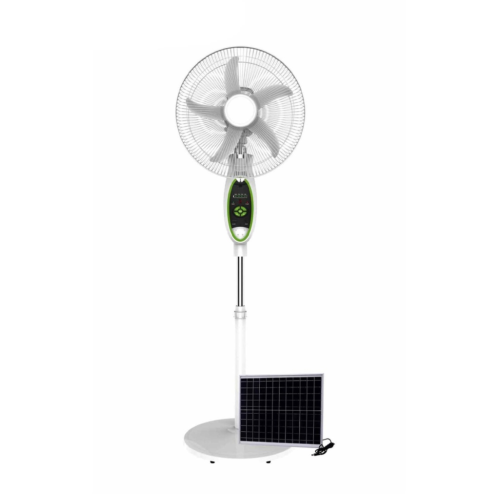 Ventilador de pedestal recargable y solar de 16&quot;, con lámpara LED.