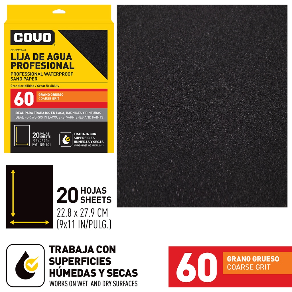 Lija de agua profesional grano 60. Set 20 hojas