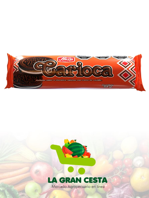 Galleta Carioca sabor a chocolate rellenas con crema de vainilla rollo 64g