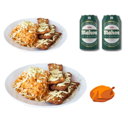 Escalope de pollo con espaguetis + 2 cervezas