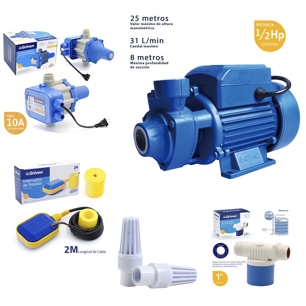 Combo con kit completo de bomba de agua de 1/2HP con control automático + flotador interruptor + cheque de fondo + válvula de control