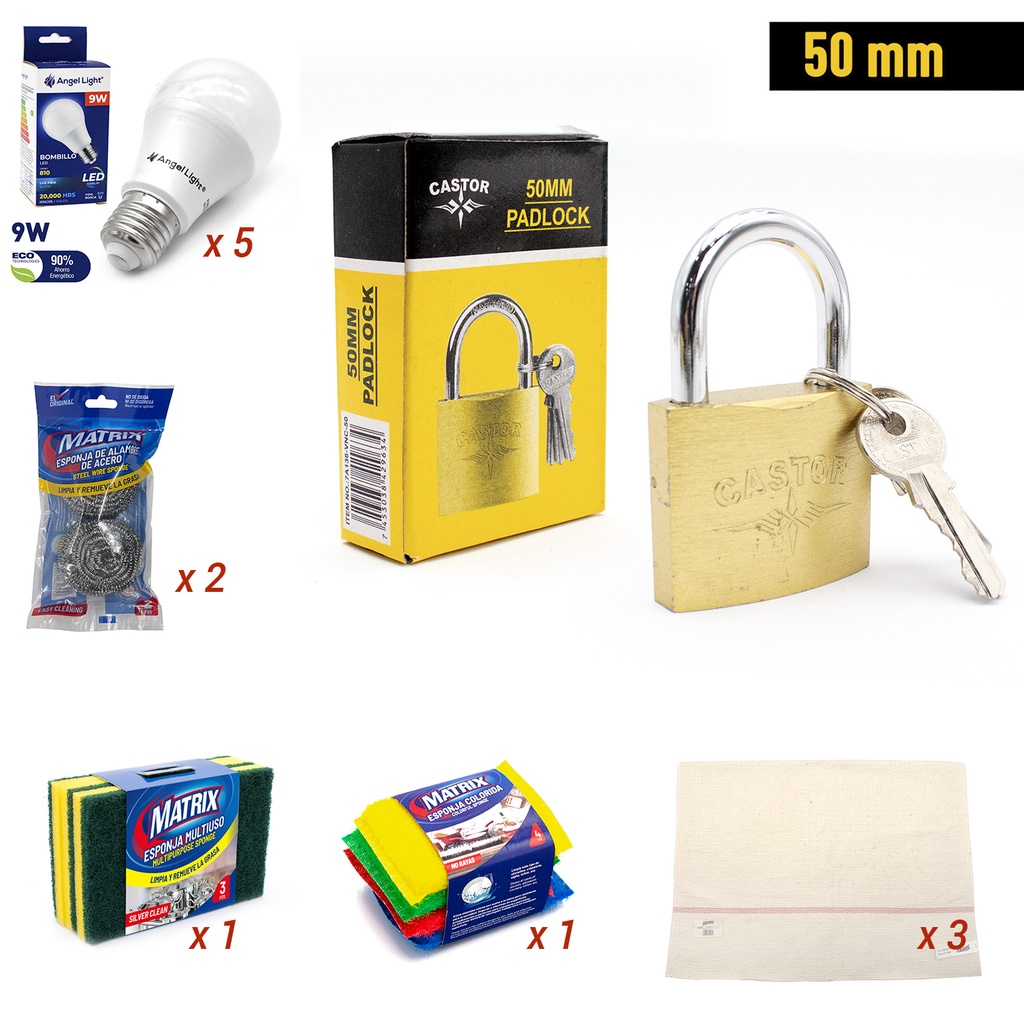 Combo con candado de 50mm + 5 bombillos + 2 brillos + 2 set de esponjas + 3 frazadas