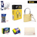 Combo con candado de 50mm + 5 bombillos + 2 brillos + 2 set de esponjas + 3 frazadas