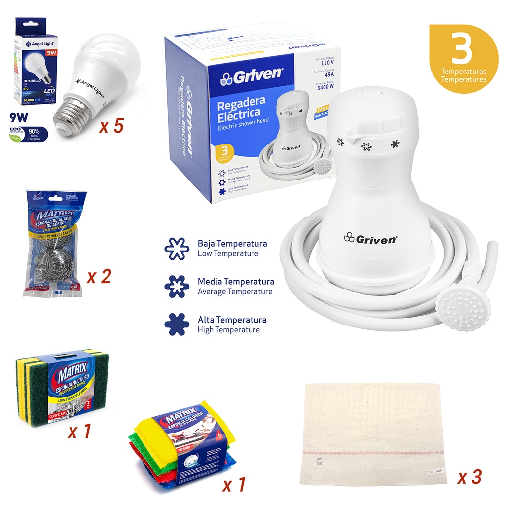 Combo con ducha eléctrica + 5 bombillos + 2 brillos + 2 set de esponjas + 3 frazadas