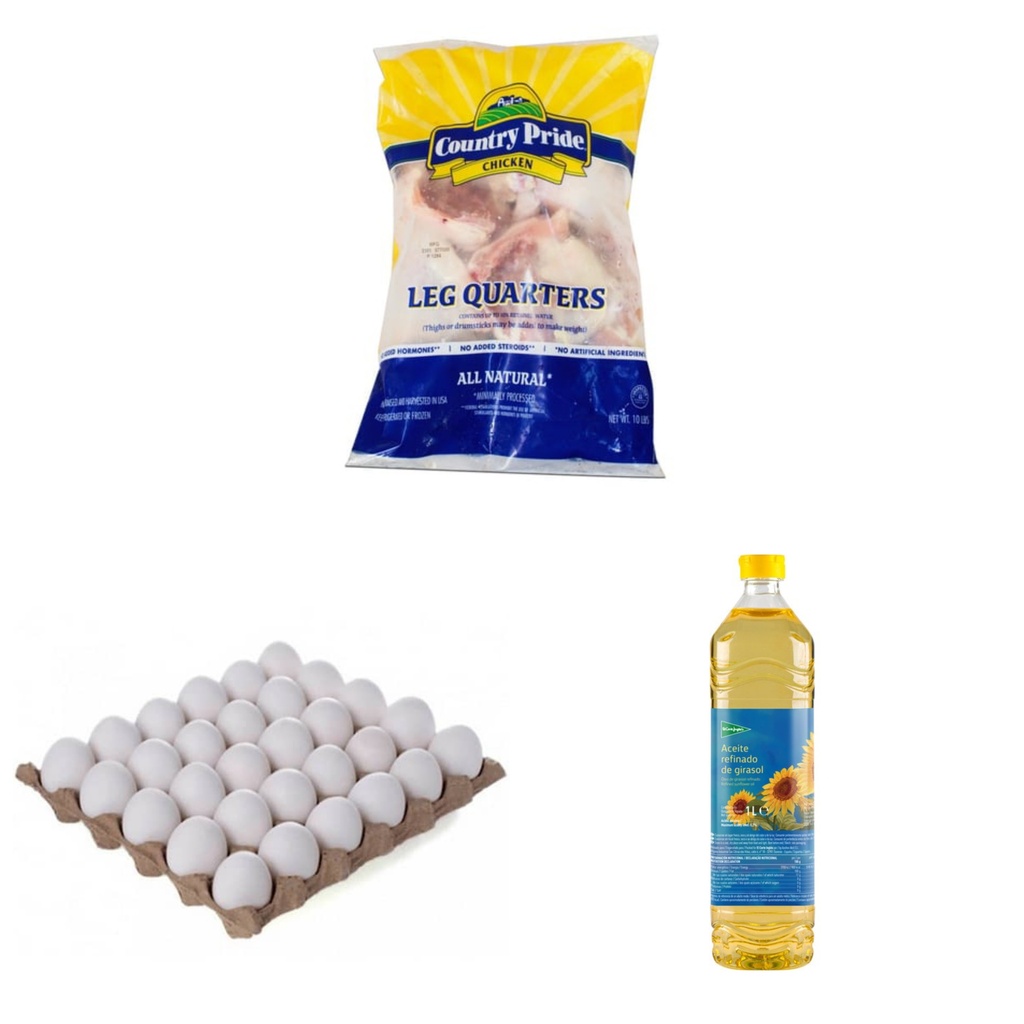 Combo Alimentos (Paquete de pollo 10 lbs+Cartón de huevos+Aceite 1lt