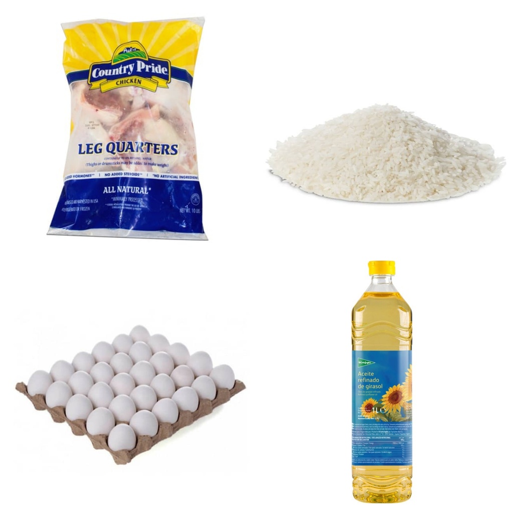 Combo Alimentos (Paquete de pollo 10lbs+Aceite 1lt+Cartón de huevos 30 uds+Arroz importado 10lbs