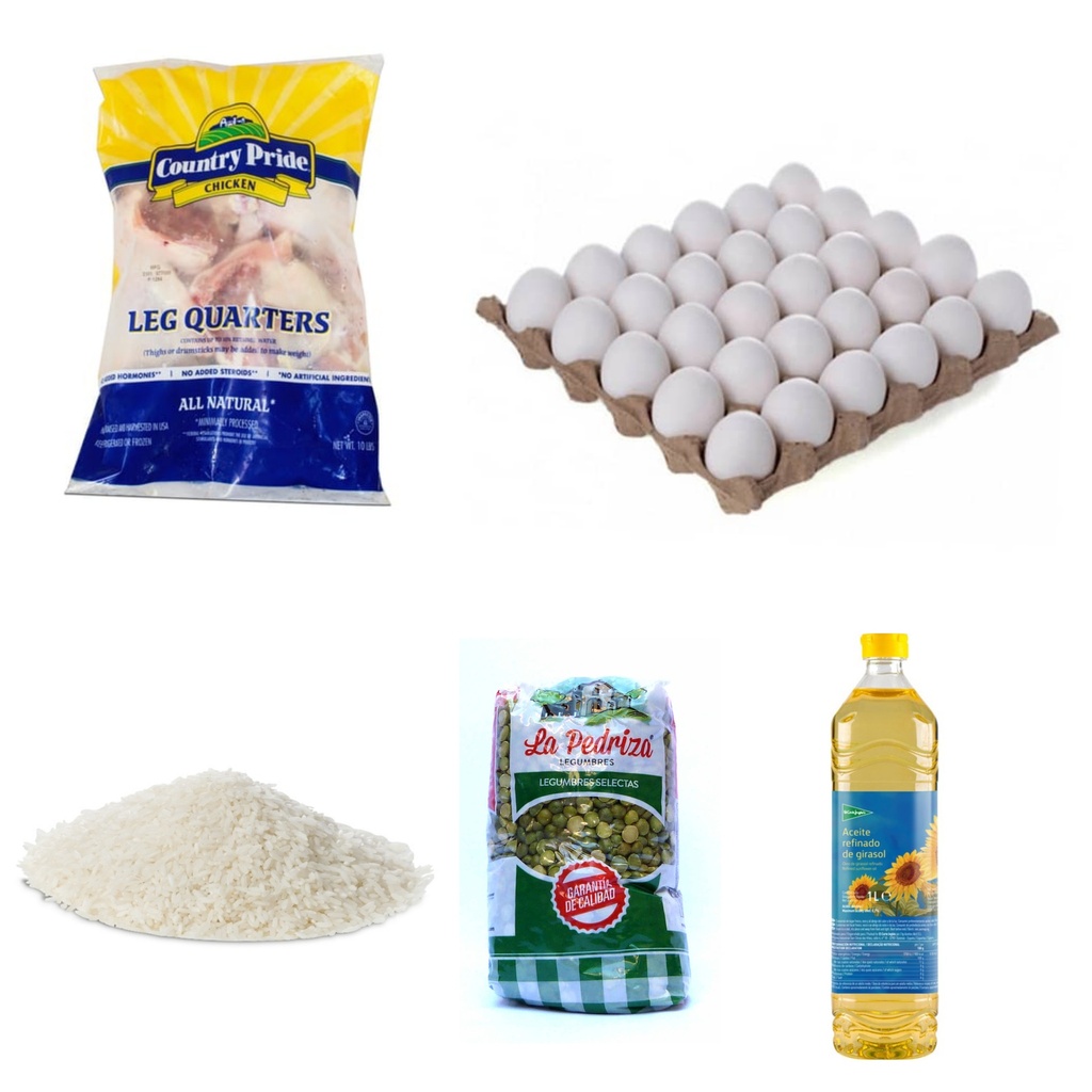 Combo paquete de pollo de 10 lbs+arroz importado 10lbs+chicharo verde 500g+cartón de huevos 30 uds+aceite refinado de girasol 1 lt
