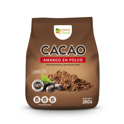 Cacao 100% en polvo amargo 250gr Macrofood