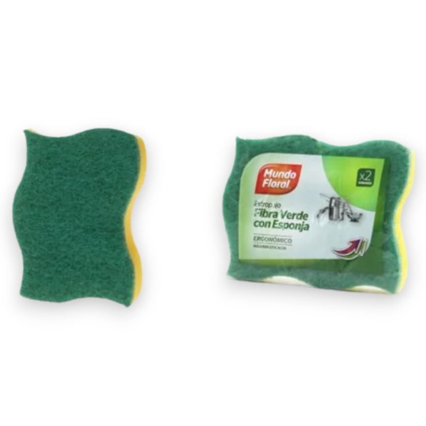 Estropajo fibras verdes con esponja Mundo floral 2 unds