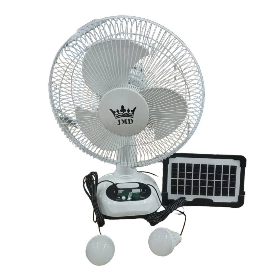Ventilador de mesa recargable 12'' JMD + Panel Solar + 4 bombillos LED + lámpara integrada
