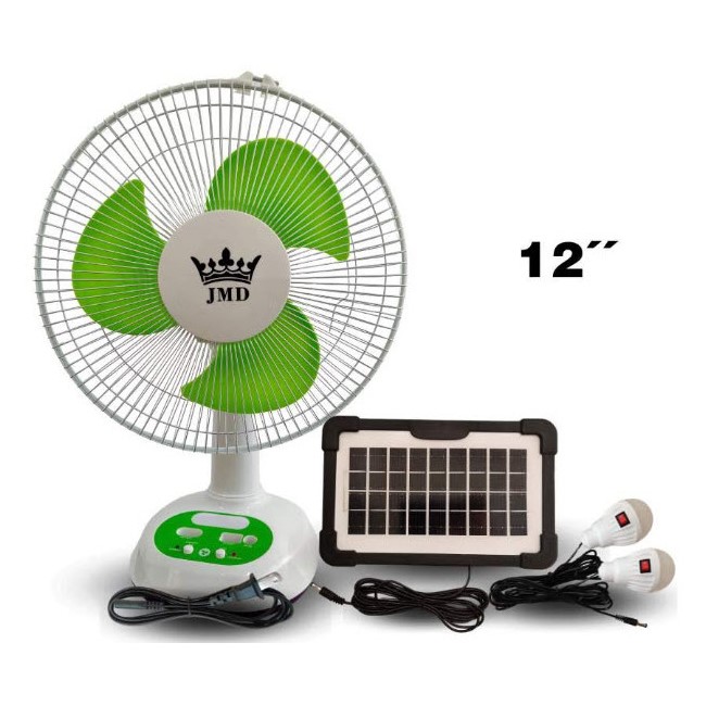 Ventilador recargable 12'' JMD + Panel Solar + 2 bombillos LED + lámpara integrada