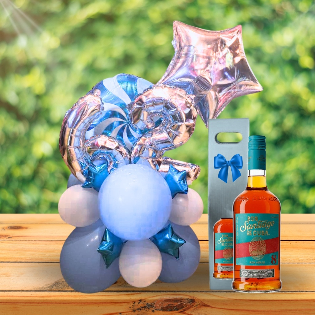 Bouquet de Globos Personalizado con Botella de Ron Santiago