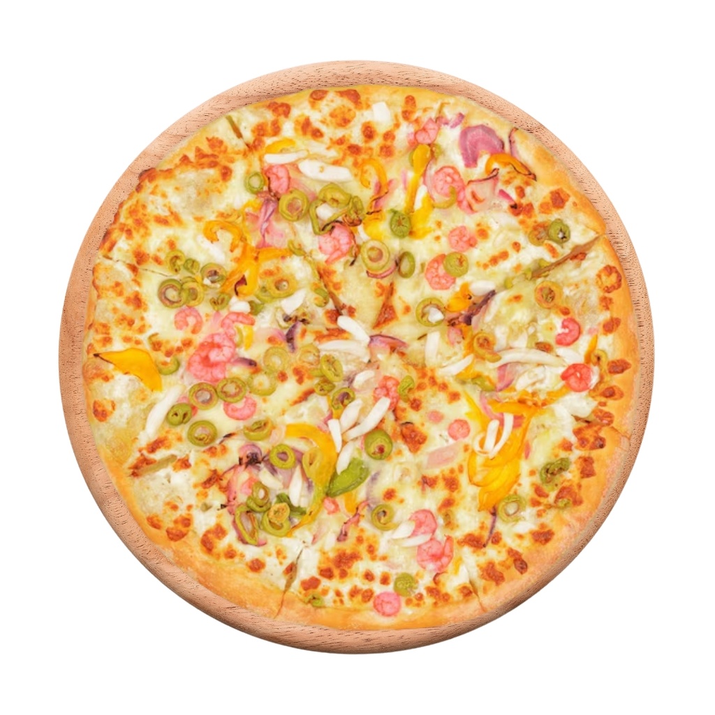 Pizza Mixta  Sabor Mediterráneo (Camarones, Aceitunas, Jamón y Doble Queso)