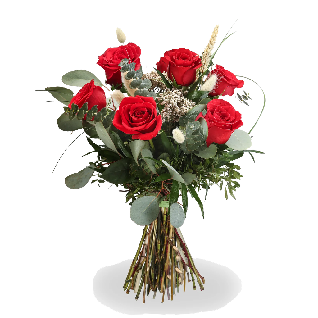 Ramo de 6 rosas extras de 50 cm y gipsophilia importadas