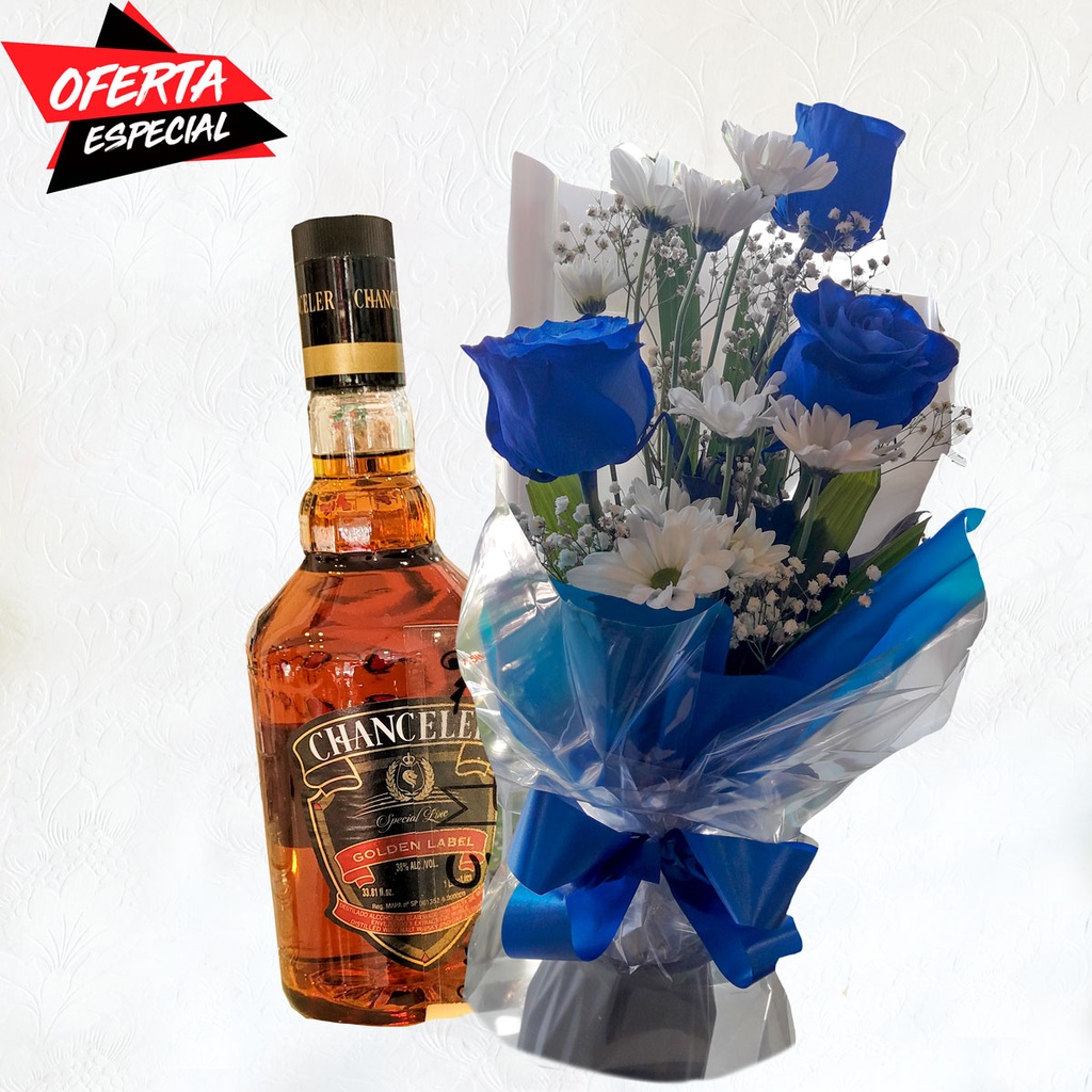 Ramo de 5 rosas con botella 1lt de Whisky Chanceler